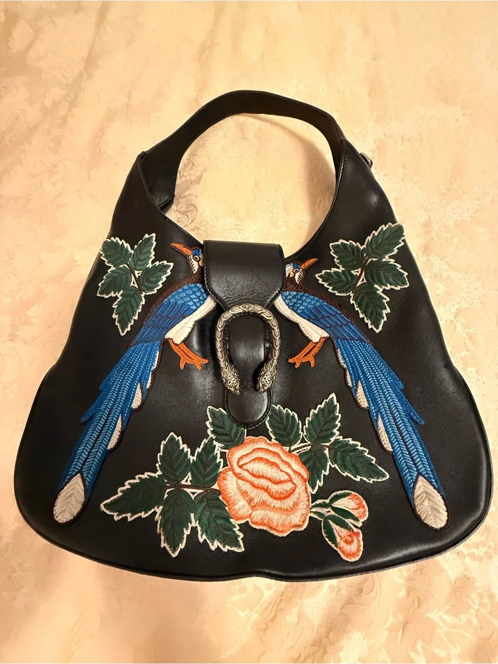 Gucci Black Leather Hobo with peacocks and flower blossom